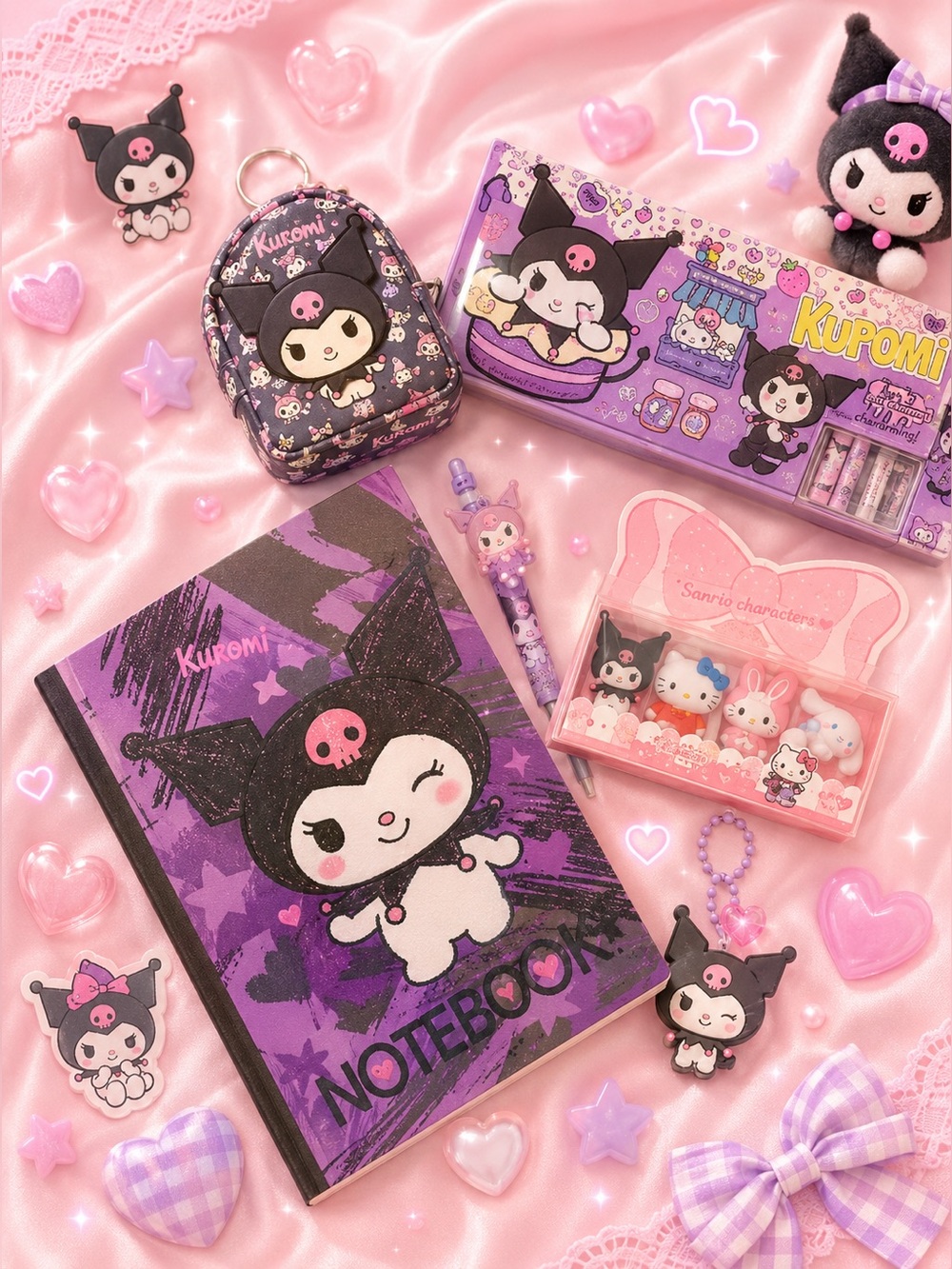 Kuromi Sanrio Stationery Bundle Pencil Case Notebook Erasers Pen